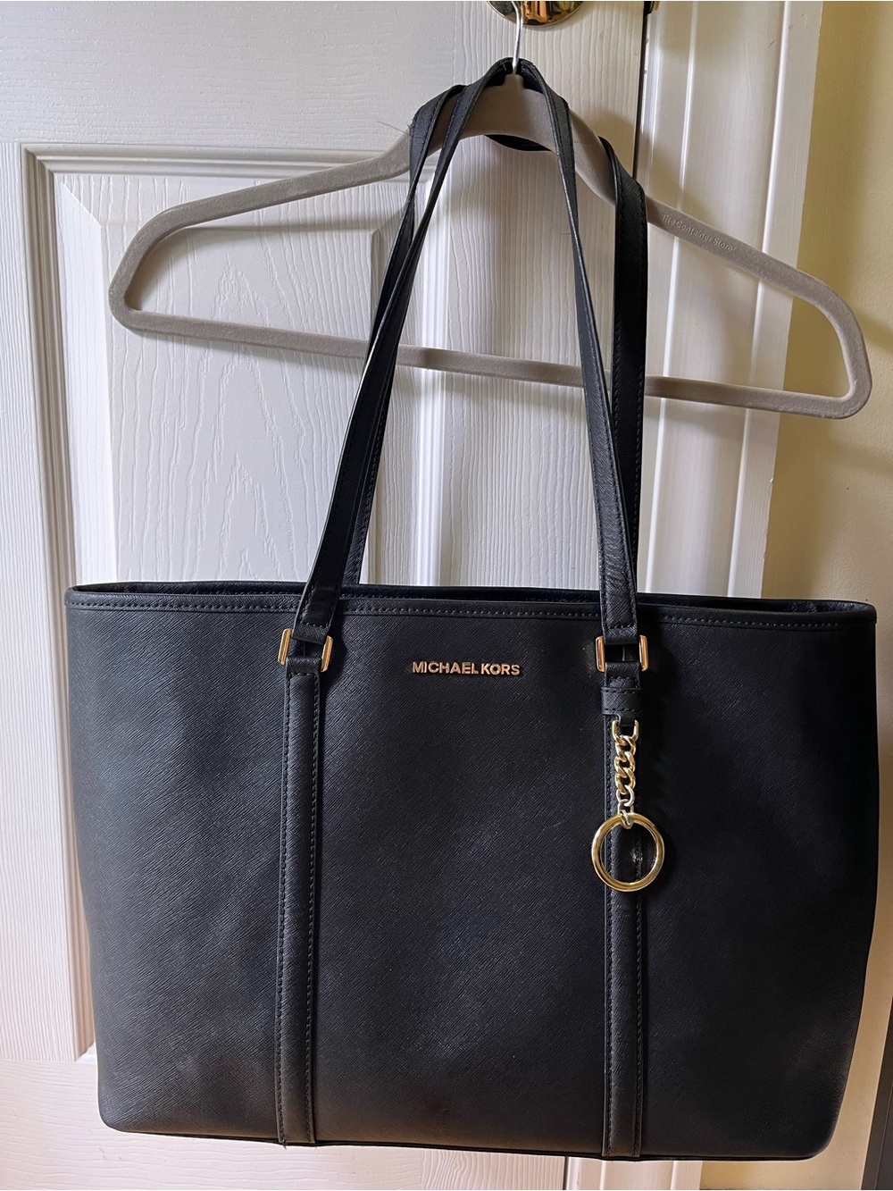 Michael Kors Black Saffiano Leather Double-Handle Tote with Gold Accent